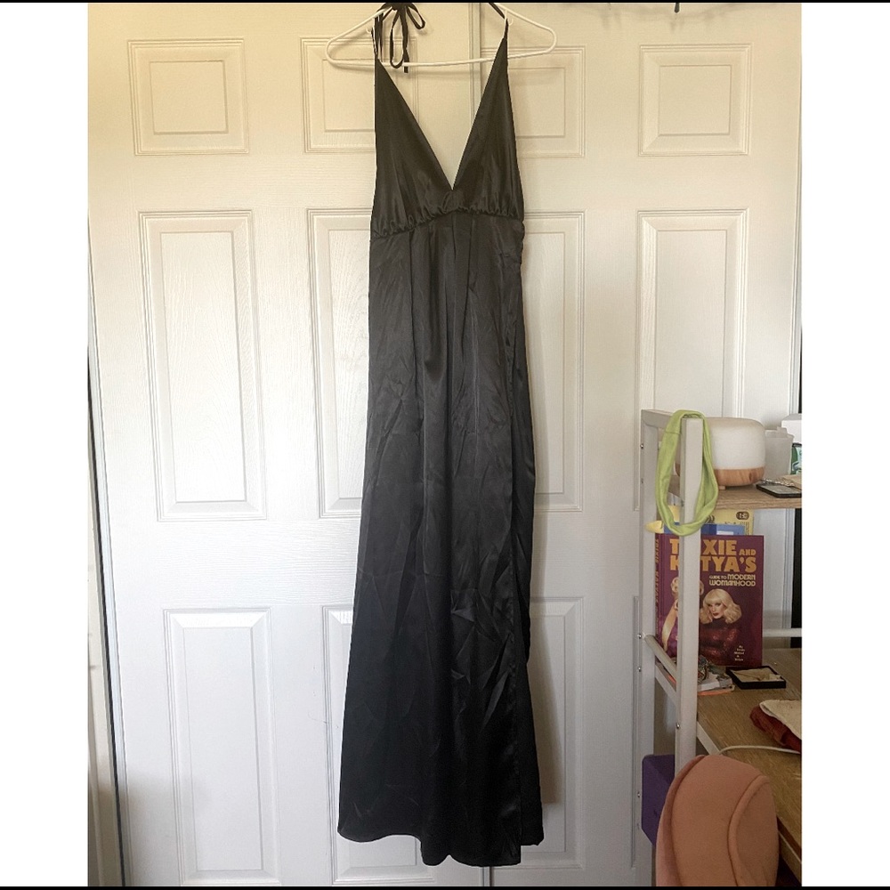 Satin black halter dress
